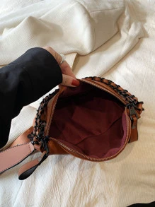 迷你時尚紋理純色購物度假斜挎馬鞍袋，帶有字母印花，鏈條和寬帶