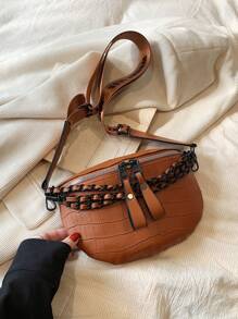 迷你時尚紋理純色購物度假斜挎馬鞍袋，帶有字母印花，鏈條和寬帶