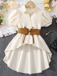 少女泡泡袖高低不規則襯衫