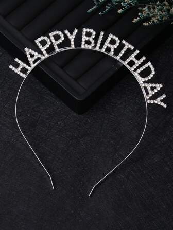 1pc Rhinestone & Letter Decor Party Headband, Modern Copper Alloy Letter Decor Hair Hoop For Birthday Party Back To School Valentine Day