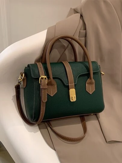 BELLEBORG 時尚、簡約、休閒、荔枝紋方形包扭扣pu材質,適合女孩、青少年日常生活使用