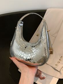 迷你流浪包蛇皮壓花金屬PU適合日常生活 - 銀色 - 查看 4