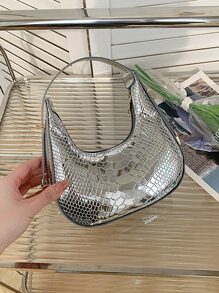 迷你流浪包蛇皮壓花金屬PU適合日常生活 - 銀色 - 查看 5