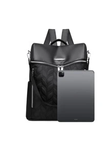 Quilted Classic Backpack Zip Front Black Preppy For School - Black - View 3