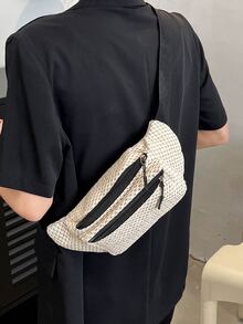 Bolsa de mimbre con cremallera delantera vacación para verano - Beis - Ver 1