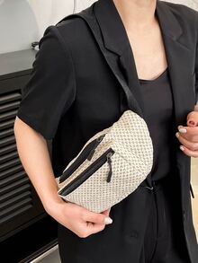 Bolsa de mimbre con cremallera delantera vacación para verano - Beis - Ver 2