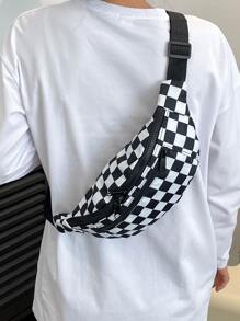 Checkered Pattern Bum Bag Zip Front For Daily Life - Black and White - View 1