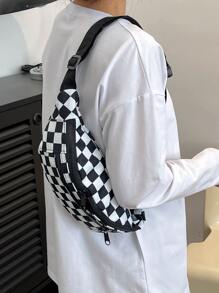 Checkered Pattern Bum Bag Zip Front For Daily Life - Black and White - View 2