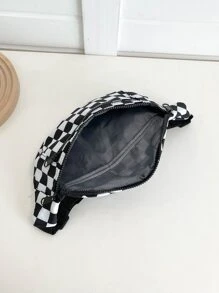 Checkered Pattern Bum Bag Zip Front For Daily Life - Black and White - View 3