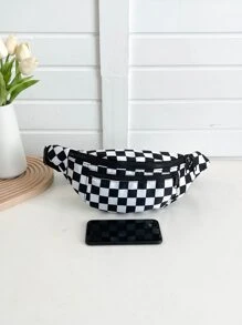 Checkered Pattern Bum Bag Zip Front For Daily Life - Black and White - View 5