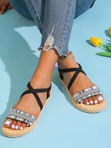 Women Rhinestone Decor Slingback Sandals, Vacation Summer Flat Sandals