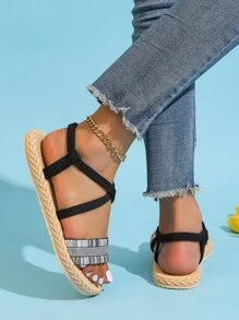 Women Rhinestone Decor Slingback Sandals, Vacation Summer Flat Sandals