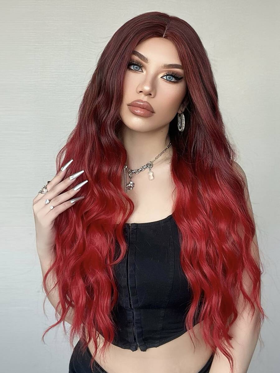 HAIRCUBE Middle parting gradient red long curly hair wig for Women,  Synthetic Wavy Curly Hair 30 Inch - Ombre - View 1