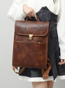 中等翻蓋背包針腳細節復古金屬裝飾 - 棕色 - 查看 4