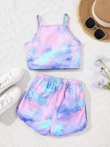 Sparklyn 2pcs Girls Colorful Print Camisole Top And Shorts Set - Multicolor - View 2