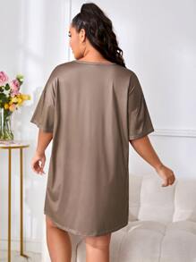 Plus Floral & Slogan Graphic Sleepshirt - Mocha Brown - View 2