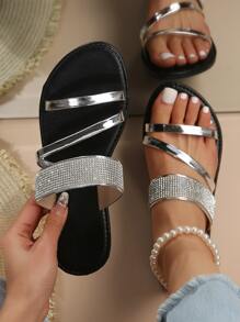 Women Metallic Rhinestone Decor Slide Sandals, Glamorous Summer Flat Sandals Valentines - Silver - View 1