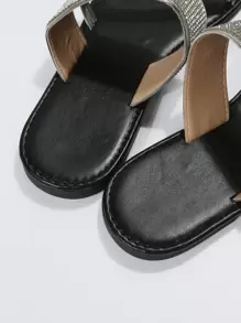 Women Metallic Rhinestone Decor Slide Sandals, Glamorous Summer Flat Sandals Valentines - Silver - View 4