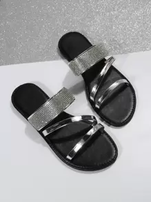 Women Metallic Rhinestone Decor Slide Sandals, Glamorous Summer Flat Sandals Valentines - Silver - View 5