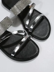 Women Metallic Rhinestone Decor Slide Sandals, Glamorous Summer Flat Sandals Valentines - Silver - View 7