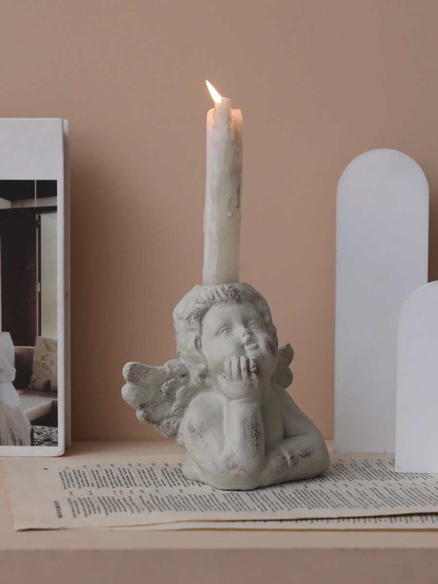1pc Polyresin Candle Holder, Creative Angel Design Candle Stand For Home - Grey - View 1