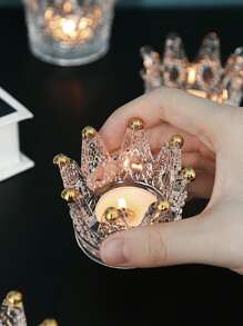 1pc Glass Candle Holder, Creative Crown Design Candle Stand For Home - Clear - View 5