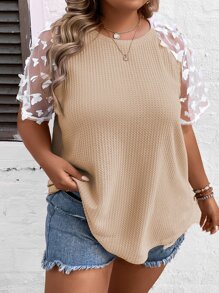 SHEIN LUNE Plus Appliques Mesh Raglan Sleeve Tee - Khaki - View 1