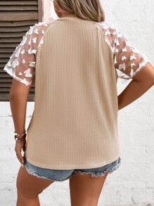 SHEIN LUNE Plus Appliques Mesh Raglan Sleeve Tee - Khaki - View 2