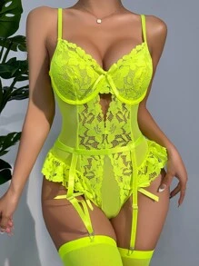 Tuta intera a fascia con corpetto in pizzo floreale e 1 paio di calze, lingerie - verde acido - Visualizzare 5
