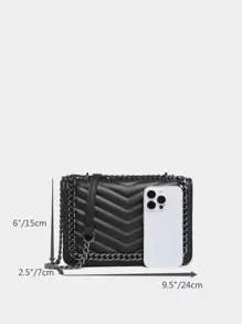 Elegant,,Old MoneyChevron Pattern Square Bag Chain Decor Flap For Work Metal Chain Crossbody Clutch Bag, PU Leather Textured Handbag, Classic Versatile Fashion Shoulder BagClassic,CasualFor Teen Girls Women College Students,Rookies & White-collar Workers