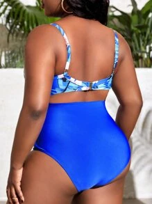 SHEIN Swim Curve Bañador una pieza push up con estampado tropical con abertura girante delantero - azul real - Ver 2