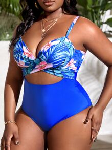 SHEIN Swim Curve Bañador una pieza push up con estampado tropical con abertura girante delantero - azul real - Ver 3