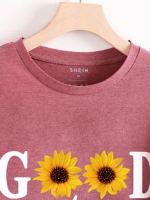SHEIN LUNE Floral And Letter Graphic Tee - Redwood - View 3