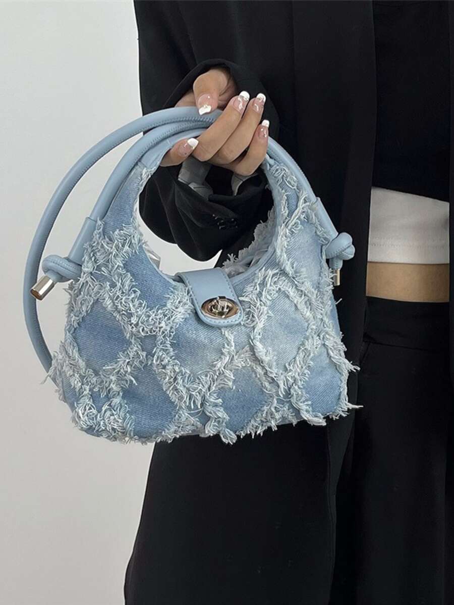 小手提包毛邊細節轉鎖 - 藍色 - 查看 1