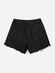SHEIN EZwear Ripped Raw Hem Denim Shorts - Black - View 2