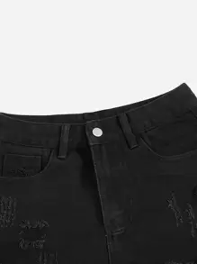 SHEIN EZwear Ripped Raw Hem Denim Shorts - Black - View 4
