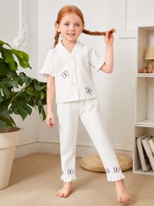 Toddler Girls Butterfly Embroidery Lapel Neck Ruffle Trim PJ Set - White - View 1