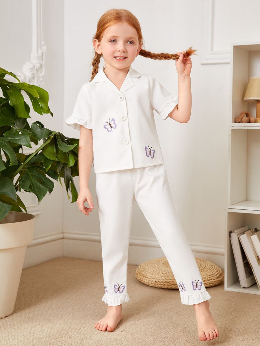 Toddler Girls Butterfly Embroidery Lapel Neck Ruffle Trim PJ Set - White - View 1
