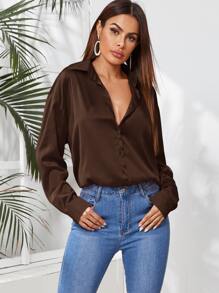 SHEIN Privé Solid Button Front Satin Shirt,Long Sleeve Tops