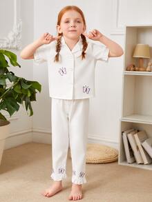 Toddler Girls Butterfly Embroidery Lapel Neck Ruffle Trim PJ Set - White - View 2