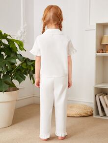 Toddler Girls Butterfly Embroidery Lapel Neck Ruffle Trim PJ Set - White - View 4