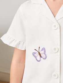 Toddler Girls Butterfly Embroidery Lapel Neck Ruffle Trim PJ Set - White - View 6