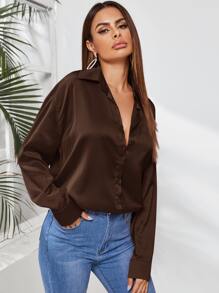 SHEIN Privé Solid Button Front Satin Shirt,Long Sleeve Tops