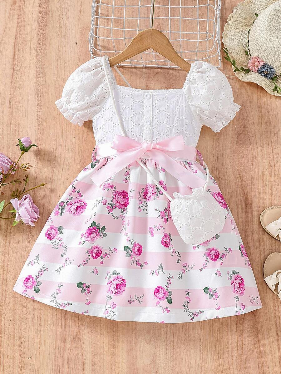 Đầm bé gái viền lá sen Tranh thêu Hoa Sọc Boho - Nhiều màu - Xem 1