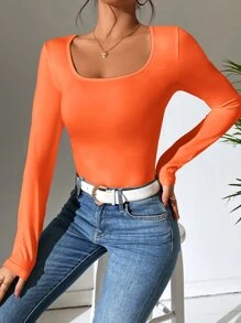 SHEIN PETITE Camiseta unicolor de cuello scoop - Naranja - Ver 1