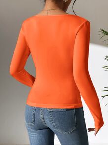 SHEIN PETITE Camiseta unicolor de cuello scoop - Naranja - Ver 2