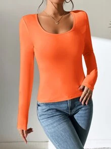SHEIN PETITE Camiseta unicolor de cuello scoop - Naranja - Ver 3