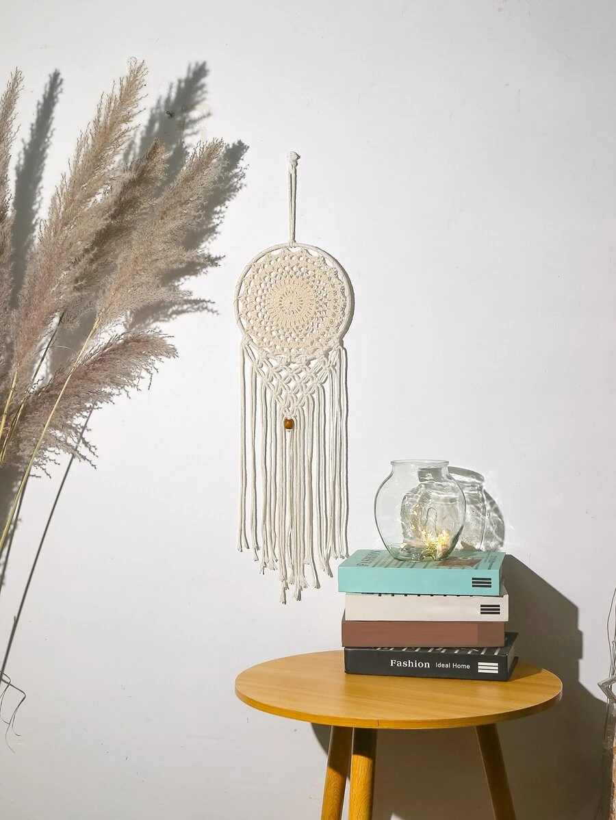 1PC Gancho de corda feito à mão Renda Dream Catcher Decoração de parede, Decoração para casa, Decoração de quarto, Decoração de parede - Bege - Ver 1