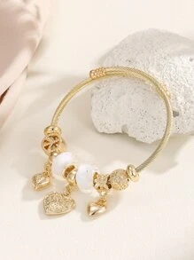 Peace Symbol Detail Heart Charm Bangle Valentines - Multicolor - View 1