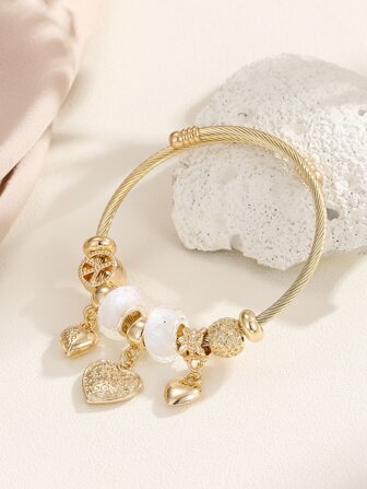 Peace Symbol Detail Heart Charm Bangle Valentines